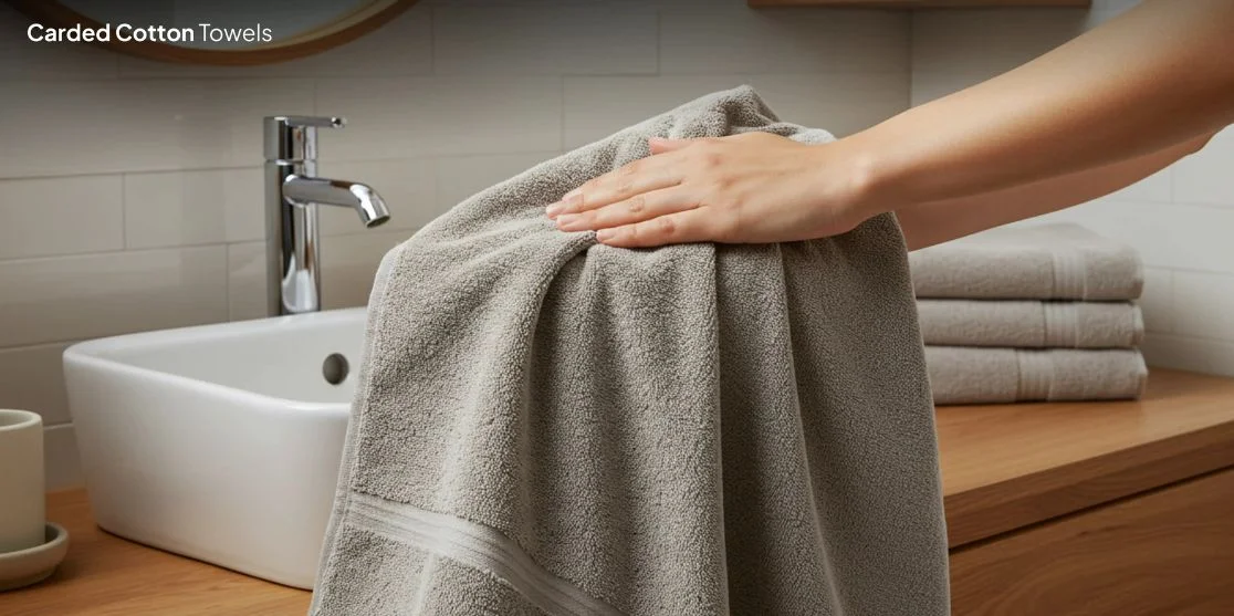Hand touching gray cotton towel by sink